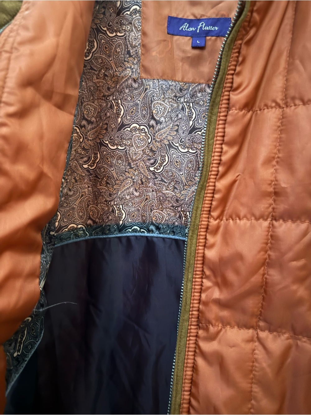 Alan Flusser Rust Quilted Puffer L Vest Paisley Lined Outdoor Heritage Americana - Picture 7 of 7